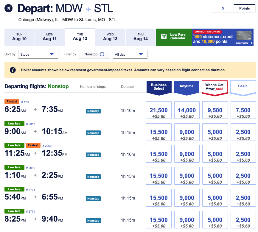 Southwest $39 fare sale points rates